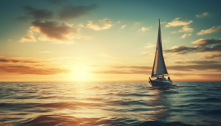 Gratis Foto zeiljacht glijdt over rustige zonsondergangwateren gegenereerd door ai