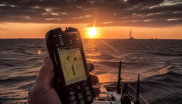 Zeilschip silhouet verlicht door zonsondergang gegenereerd door AI