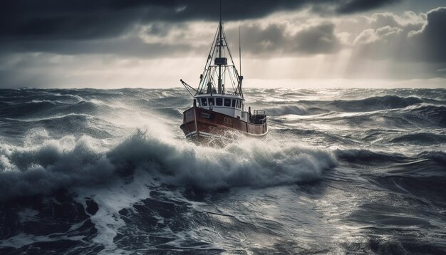 Zeilschip trotseert stormachtige zeeën industriële vracht gegenereerd door AI