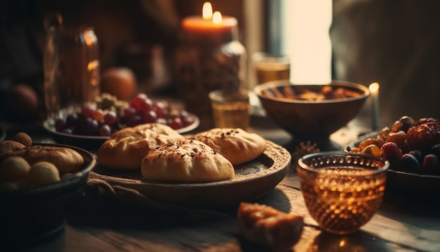 Gratis foto zelfgebakken brood en zoete bessen fruitmand gegenereerd door ai