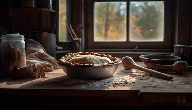 Gratis foto zelfgemaakt brooddeeg bereiden op rustieke tafel gegenereerd door ai