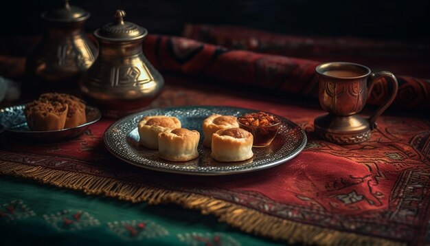 Gratis foto zelfgemaakte baklava-thee en dim sum-voorgerecht gegenereerd door ai