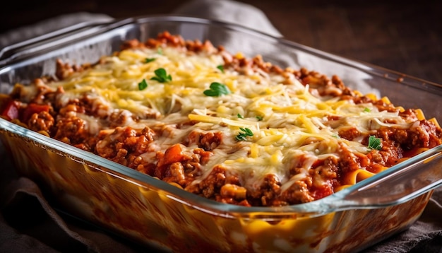 Gratis foto zelfgemaakte lasagne met rundvlees en tomatensaus gegenereerd door ai