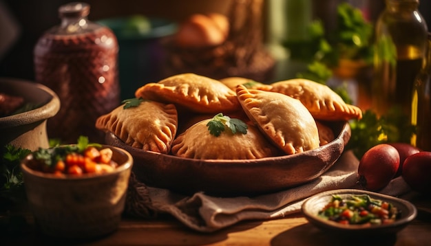 Zelfgemaakte maaltijd op rustieke houten tafel, gastronomisch koken gegenereerd door AI