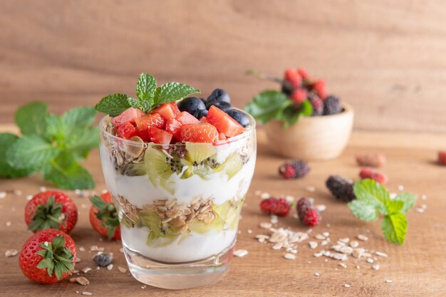 Zelfgemaakte muesli, kom havermuesli met yoghurt, verse bosbessen, moerbei, aardbeien, kiwi, munt en notenbord voor gezond ontbijt, kopieerruimte. Gezond ontbijtconcept. Schoon eten.