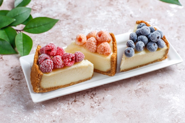 Zelfgemaakte newyork cheesecake met bevroren bessen en munt