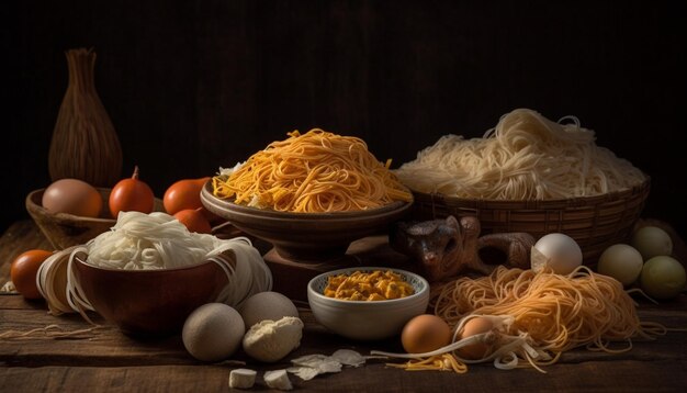 Gratis foto zelfgemaakte vegetarische pasta met verse tomaat en knoflookvariatie gegenereerd door ai