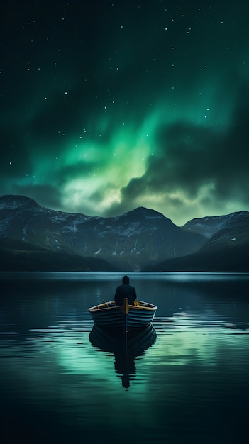 Gratis foto zicht op boot op het water met aurora borealis