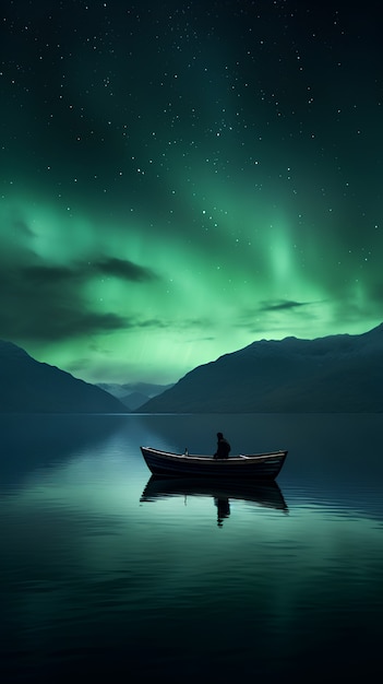 Gratis foto zicht op boot op het water met aurora borealis
