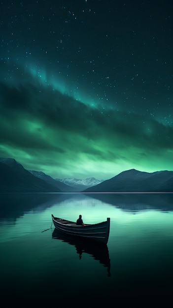 Zicht op boot op het water met aurora borealis