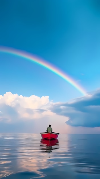 Gratis foto zicht op boot op water met regenboog