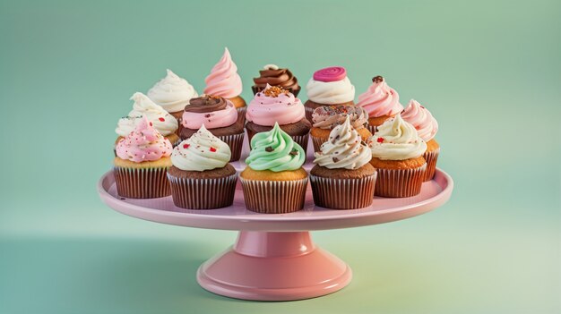 Zicht op bord gevuld met heerlijke en zoete cupcake-desserts