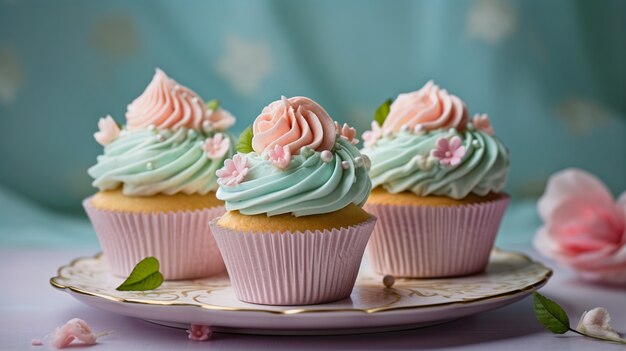 Zicht op bord gevuld met heerlijke en zoete cupcake-desserts