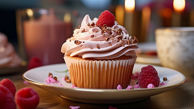 Zicht op bord met heerlijk en zoet cupcake-dessert