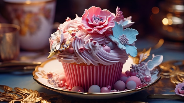 Gratis foto zicht op bord met heerlijk en zoet cupcake-dessert