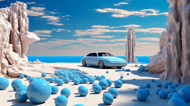 Gratis foto zicht op driedimensionale auto met abstracte bollen op de achtergrond