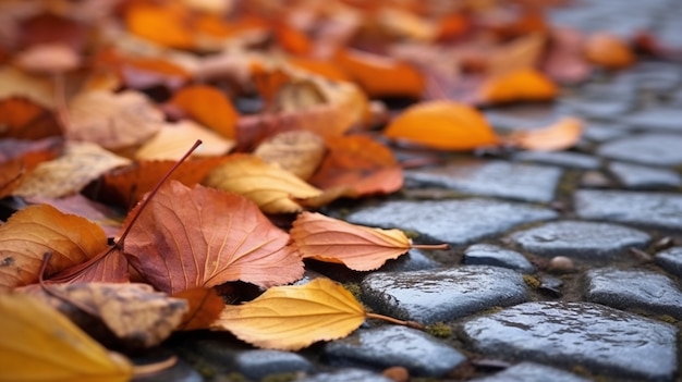 Zicht op droge herfstbladeren die op straat zijn gevallen