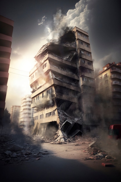 Zicht op gebouw getroffen door een aardbeving met stof