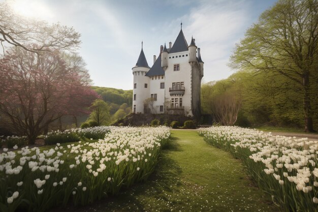 Zicht op imposant kasteel met natuurlijk landschap