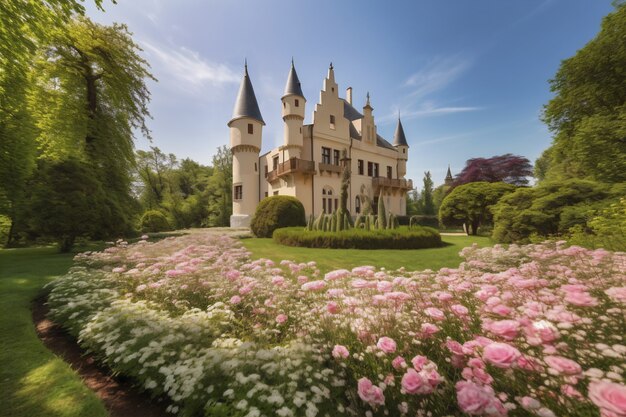 Zicht op imposant kasteel met natuurlijk landschap