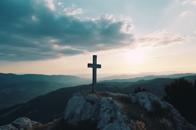 Zicht op religieus kruis op bergtop met lucht en wolken