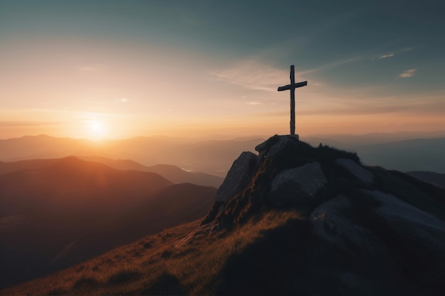 Zicht op religieus kruis op bergtop met lucht en wolken