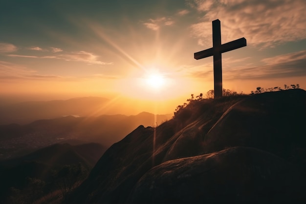 Zicht op religieus kruis op bergtop met lucht en wolken