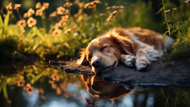 Zicht op schattige hond die buiten in de natuur slaapt