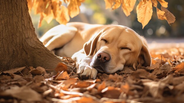 Zicht op schattige hond die buiten in de natuur slaapt