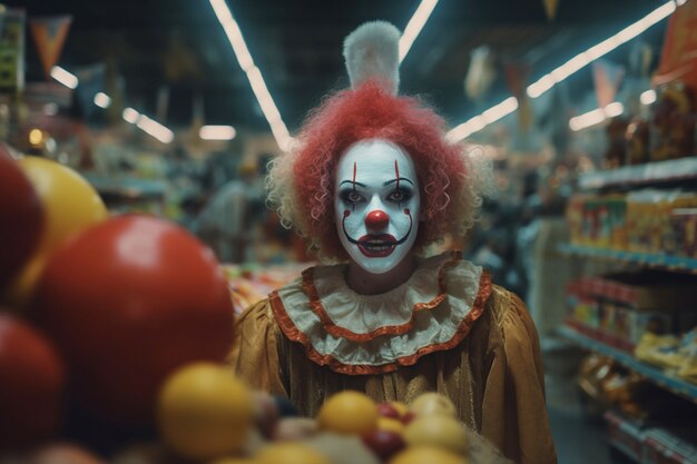 Zicht van angstaanjagende clown in de supermarkt