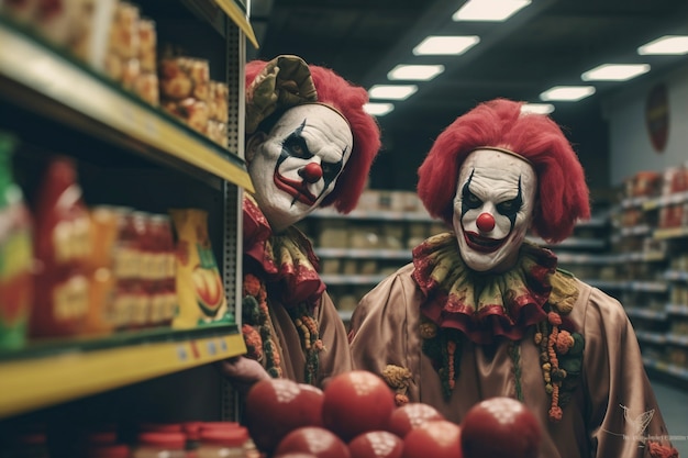 Zicht van angstaanjagende clown in de supermarkt