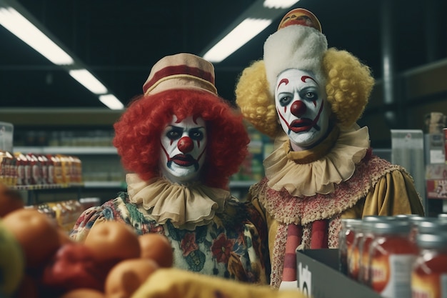 Zicht van angstaanjagende clown in de supermarkt