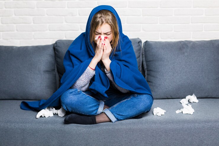 Zieke vrouw met reum en hoofdpijn bedrijf servet, zittend op de Bank met sprei en pillen thuis