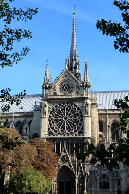 Zij-ingang en kenmerkende roosvensters van de beroemde kathedraal Notre-Dame in Parijs