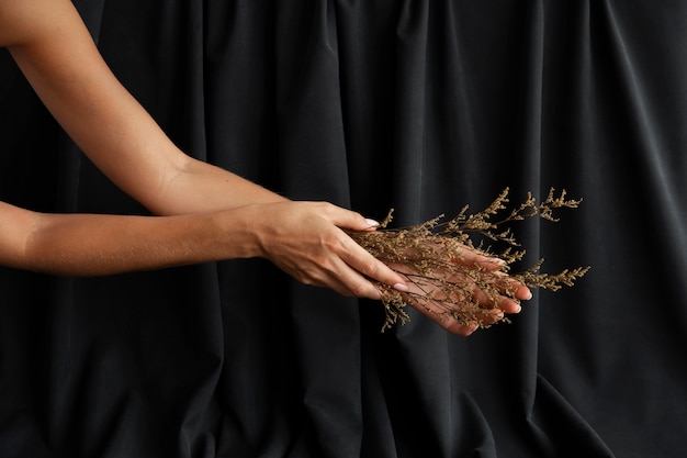 Gratis foto zijaanzicht handen van de vrouw met plant