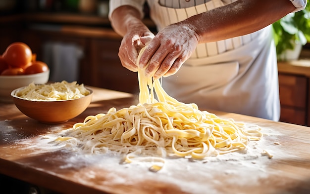Zijaanzicht kok die heerlijke pasta maakt