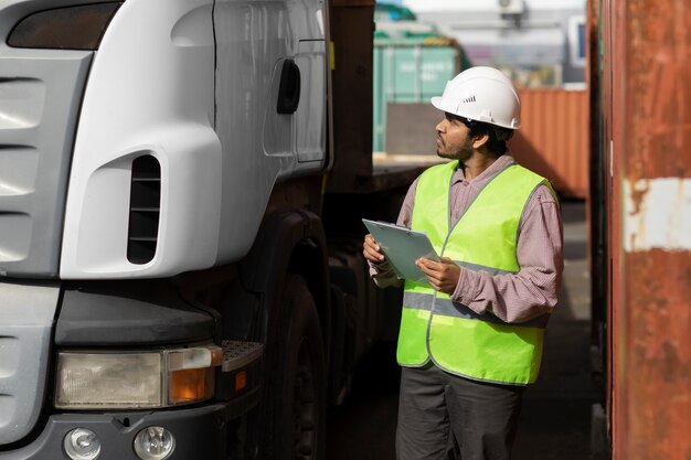 Zijaanzicht man kijken naar vrachtwagen