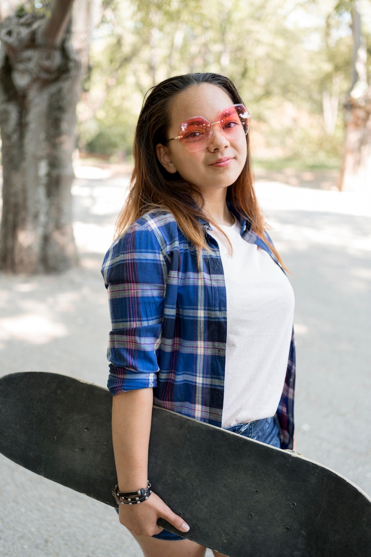 Gratis Foto zijaanzicht meisje met skateboard