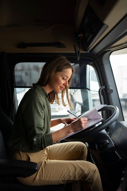 Zijaanzicht professionele vrouwelijke bestuurder in vrachtwagen