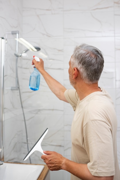 Gratis foto zijaanzicht senior man die de douche schoonmaakt