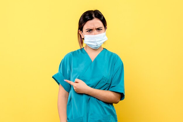 Zijaanzicht van een dokter in masker moedigt mensen aan om een masker te dragen