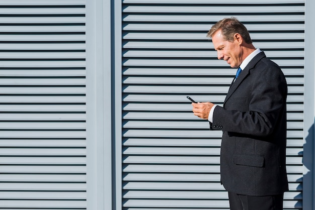 Zijaanzicht van een volwassen zakenman met behulp van mobiele telefoon