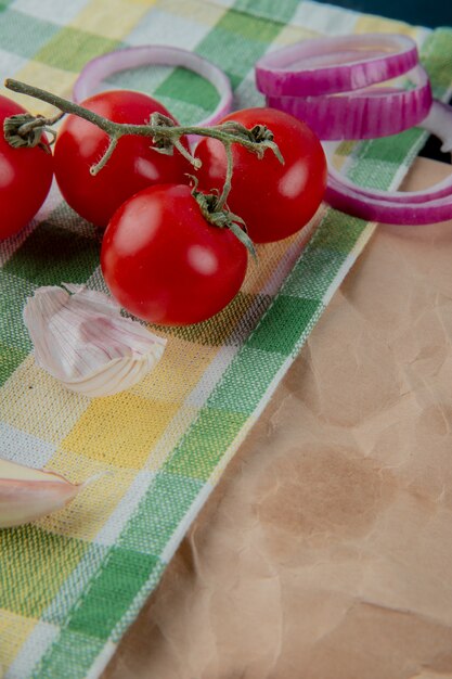 Zijaanzicht van groenten als tomatenui met knoflookhuid op geruite doekoppervlakte met exemplaarruimte