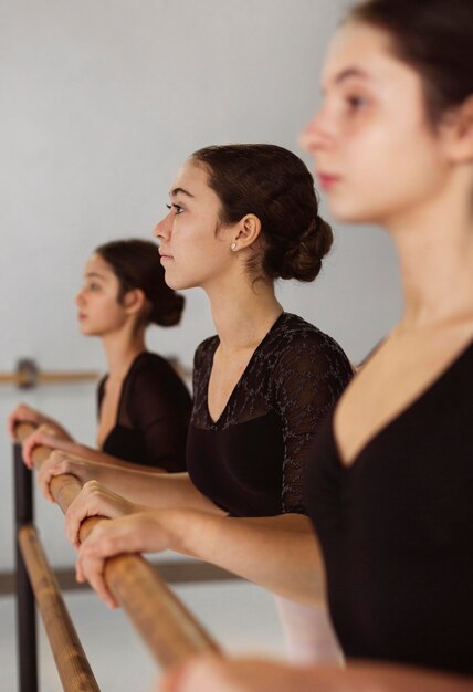 Zijaanzicht van professionele ballerina's die in maillots repeteren