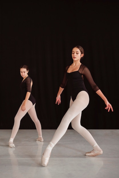 Zijaanzicht van professionele balletdansers die samen oefenen terwijl ze pointe-schoenen dragen