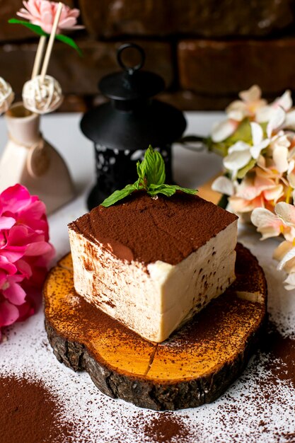 Zijaanzicht van suffle cake met cacaopoeder en munt op de bovenkant