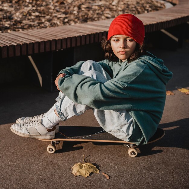 Zijaanzicht van tiener met skateboard buitenshuis