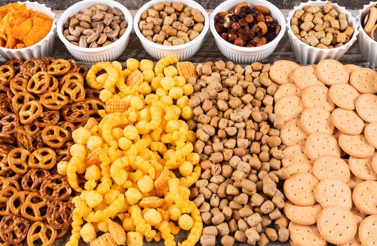 Gratis Foto zijaanzicht van verschillend soort snacks als noten, crackers en koekjes op witte houten horizontale oppervlakte