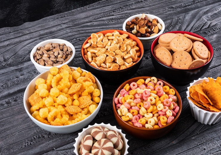 Gratis Foto zijaanzicht van verschillende soorten snacks als noten, crackers en koekjes in kommen op donkere horizontale oppervlakte