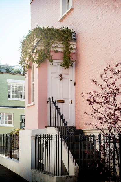 Zijaanzicht van voordeur met roze muur en planten